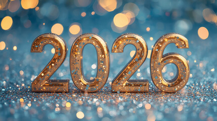Banner. Shiny gold numbers 2026 and a beautiful bokeh on a blue background. Happy New Year and Christmas.