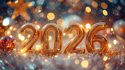 Banner. Shiny gold numbers 2026 and a beautiful bokeh on a red background. Happy New Year and Christmas.