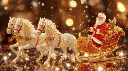 The symbol of the year. Horses pulling a sleigh with Santa Claus. A luxurious poster or banner for a party and New Year's Eve. Happy New Year 2026.