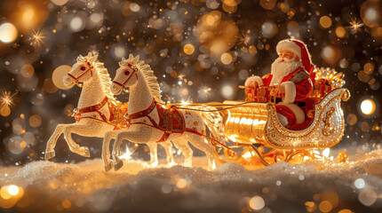 The symbol of the year. Horses pulling a sleigh with Santa Claus. A luxurious poster or banner for a party and New Year's Eve. Happy New Year 2026.