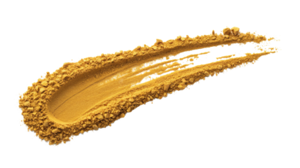 A vibrant golden-yellow powder streak, appearing like a dynamic brushstroke, showcases fine and coarse textures against a solid transparent background. background removed