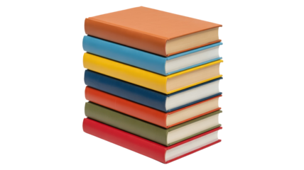 A neat stack of seven hardcover books with colorful spines and blank covers, providing a vibrant collection for education or display. background removed