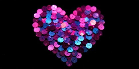 Glittering sequin heart shaped invitation with a vibrant, celebratory sparkle and luxurious feel. A heart shape formed entirely from densely packed, small, iridescent sequins that catch the light and