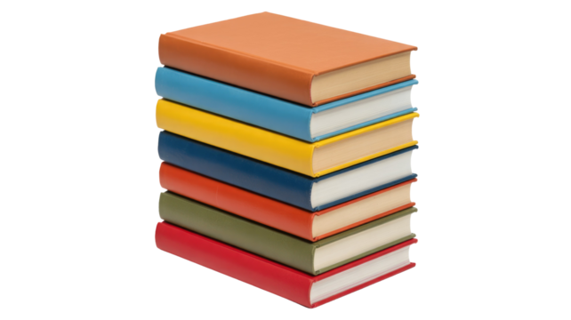 A neat stack of seven hardcover books with colorful spines and blank covers, providing a vibrant collection for education or display. background removed