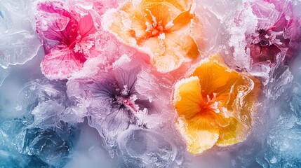 Colorful frozen flowers suspended in milk and water creating abstract artistic liquid textures with icy details and vibrant floral patterns