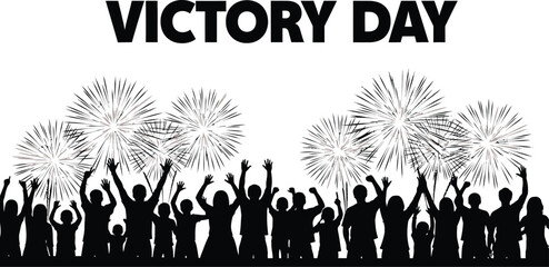 Silhouette of a crowd celebrating victory day with fireworks holiday concept