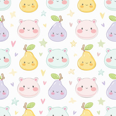 Obraz premium Cute Kawaii Seamless Pattern with Fruits and Animals.