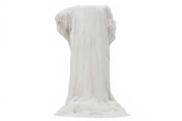 White wax sculpture forming abstract pillar with flowing melted liquid texture, dripping down a column, transparent background