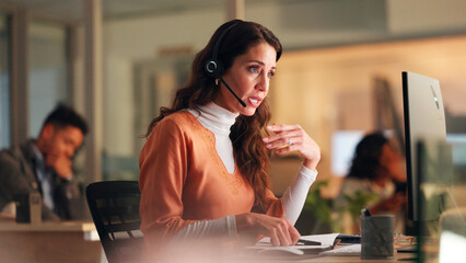 Woman, headset and computer in call centre at night for customer service, online query and billing....