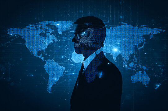 A businessman silhouette overlayed with a digital map of the world and binary code, symbolizing global business, cybersecurity, technology risks, and international finance