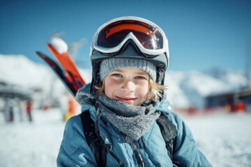 Portrait of a smiling child skier ready for adventure in a snowy field during winter season surrounded by mountains and ski equipment