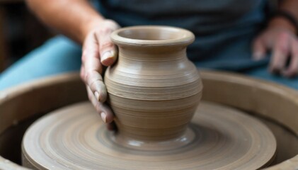 Artisan s Handcrafted Pottery Wheel in Motion A close up, macro shot of a potter s wheel in motion, with wet, gray clay being expertly shaped into a vase like form. Soft, natural light illuminates the