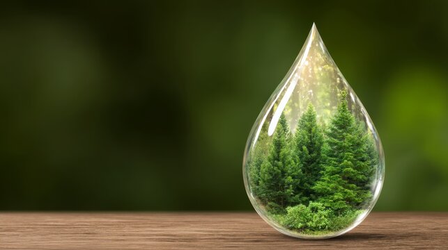 impact, responsibility, global, endangered, resource, Ethereal Forest Within a Water Drop - Conceptual Image Symbolizing Natural Resource Value with Copy Space for Text