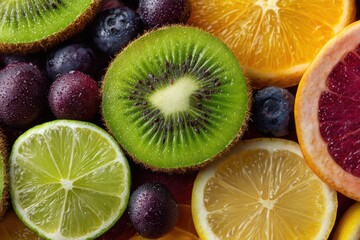 Colorful fresh fruits including kiwi, berries, oranges, and limes displayed on a wooden surface creating a vibrant and healthy snack option