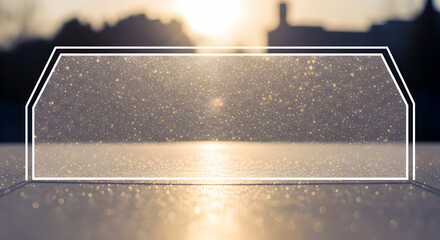 Abstract background featuring bright, sparkling glitter or frost illuminated by golden sunlight, creating a dynamic bokeh effect.