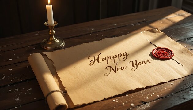 Happy new year message on old parchment - Powered by Adobe
