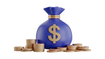 A 3D rendered blue money bag with a golden dollar sign surrounded by stacks of gold coins, symbolizing wealth and finance. background removed