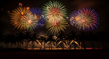 A spectacular display of colorful fireworks exploding over a tropical beach scene at night.