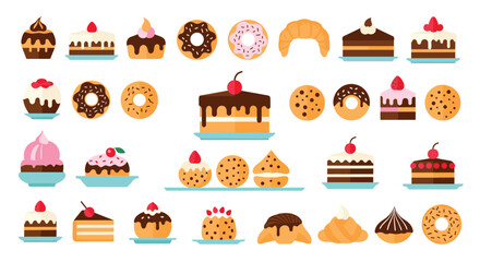 A collection of various sweet pastries and baked goods, including cakes, donuts, and cookies.