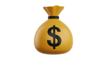 A vibrant 3D rendered yellow money bag, tightly tied with a black band, prominently displays a dollar sign, symbolizing wealth and finance. background removed