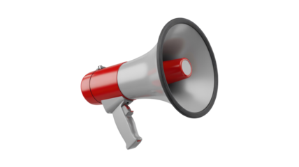 A sleek, modern 3D rendered megaphone in red and silver, poised to amplify messages. Perfect for announcing news, promotions, or grabbing attention effectively. background removed