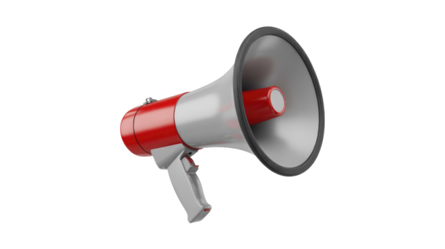 A sleek, modern 3D rendered megaphone in red and silver, poised to amplify messages. Perfect for announcing news, promotions, or grabbing attention effectively. background removed