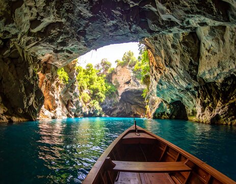 A wooden boat navigates through a turquoise water, approaching an opening in a natural rock cave filled with sunlight and lush foliage