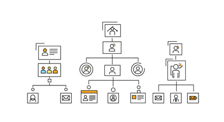 Organizational chart depicting team structure and hierarchies with icons for people, documents, and communication.