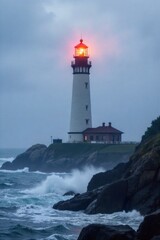 Lighthouse on a rocky coast, beam cutting through fog at sunset. A tall, classic lighthouse stands on a jagged, rocky coastline. A powerful beam of light emanates from its lantern room, cutting