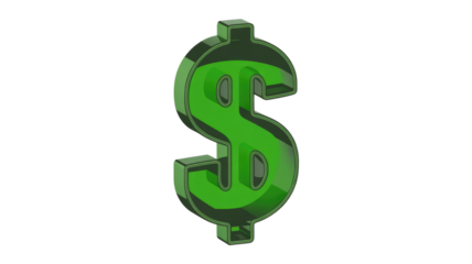 A vibrant 3D green dollar sign symbol, representing currency, finance, and wealth, rendered with depth against a solid dark transparent background. background removed