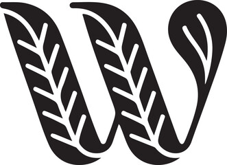 Bold graphic icon of letter w shaped from elegant leaves with intricate veins, symbolizing natural growth and organic design on white