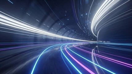 Fototapeta premium Futuristic hyperspace warp tunnel with streaking neon light trails and motion blur