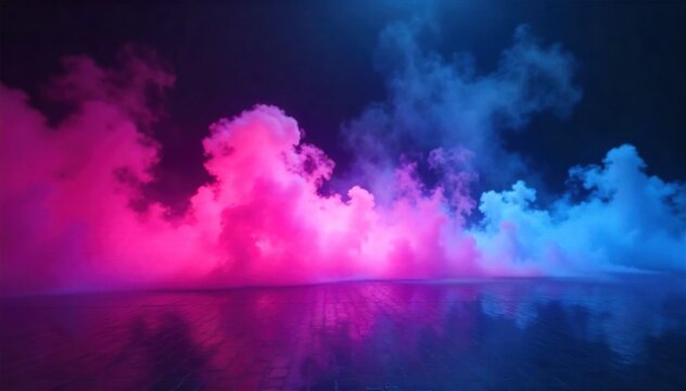 Abstract Swirls of Neon Light on a Smoky Dance Floor An abstract composition of swirling, glowing neon light in shades of pink, electric blue, and deep purple. The lights create a sense of rapid - Powered by Adobe