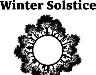 Winter solstice celebration with people and trees forming a circle