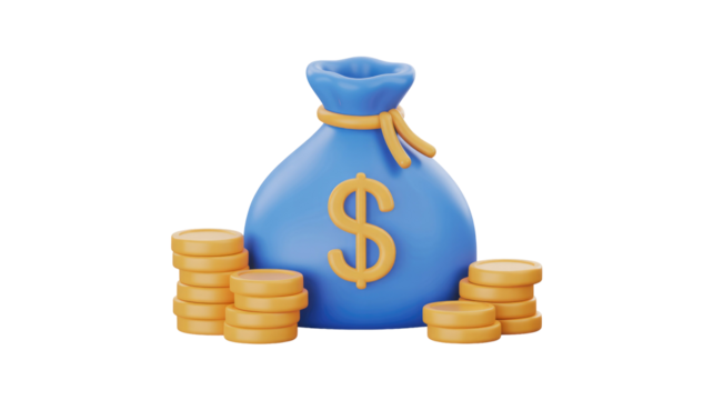 A vibrant 3D render of a blue money bag with a golden dollar sign, surrounded by neat stacks of shiny golden coins, symbolizing wealth and finance. background removed - Powered by Adobe