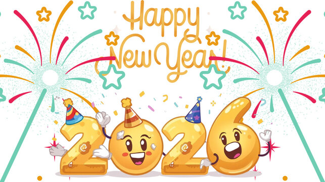 Golden Cartoon Numerals With Party Hats And Celebratory Fireworks For New Year Greeting Card
