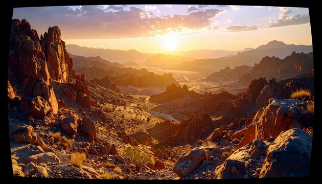 A vast, arid mountain range bathed in the warm, golden light of a setting sun, with jagged rock formations dominating the foreground.