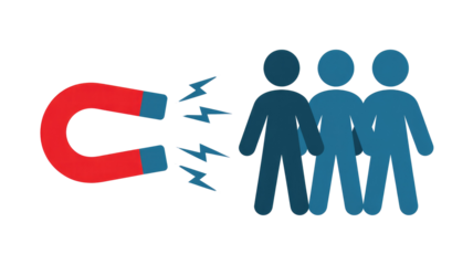 A red magnet attracts blue stick figures, symbolizing customer acquisition, lead generation, or audience engagement and outreach. background removed