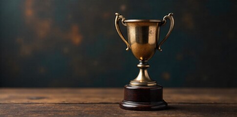 Bronze trophy statue on a rich, dark wood surface with subtle environmental textures. A realistic image of a classic bronze trophy statue with a subtle patina, casting soft shadows. It rests on a