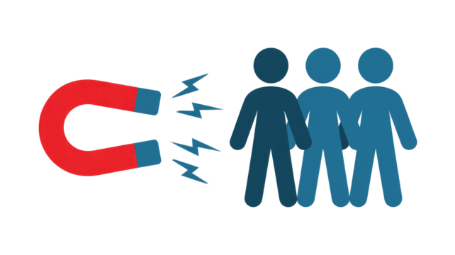 A red magnet attracts blue stick figures, symbolizing customer acquisition, lead generation, or audience engagement and outreach. background removed