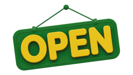 A vibrant 3D rendered green hanging sign featuring bold yellow "OPEN" lettering, ready to welcome customers into a business. background removed