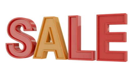3D rendering of the word 'SALE' in shiny red and orange letters, highlighting discounts and promotional offers. background removed