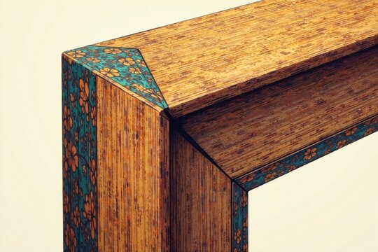Mitered Corner Joint in Exotic Wood A crisp, perfectly executed 45 degree mitered corner joint on a piece of vibrant, exotic hardwood. The joint should appear seamless and razor sharp, showcasing the
