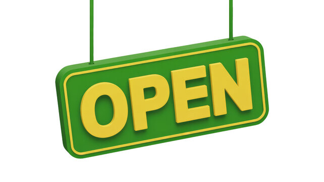A vibrant 3D 'OPEN' sign, green with bold yellow text and border, signals business readiness and welcomes customers with a cheerful, modern aesthetic. background removed