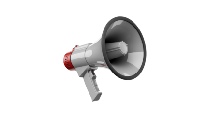 A 3D rendering of a modern grey and red megaphone, perfect for announcements, promotions, and calls to action, isolated against a solid background. background removed