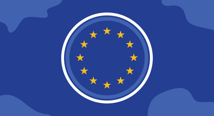 Stylized flat design of the European Union flag, showing twelve golden stars in a central white-bordered circle on a blue textured background.