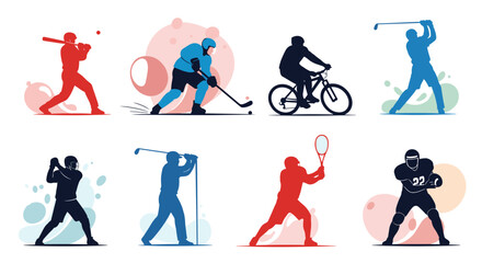 Fototapeta premium Collection of silhouetted athletes engaged in various sports activities, including baseball, hockey, cycling, golf, tennis, and American football.