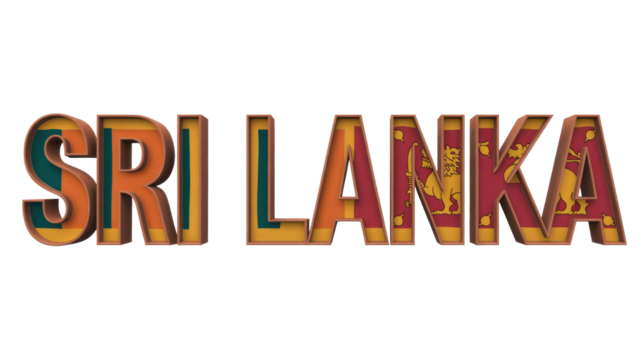 The 3D text 'SRI LANKA' is rendered with the vibrant national flag, showcasing patriotic colors and symbols of the island nation. background removed