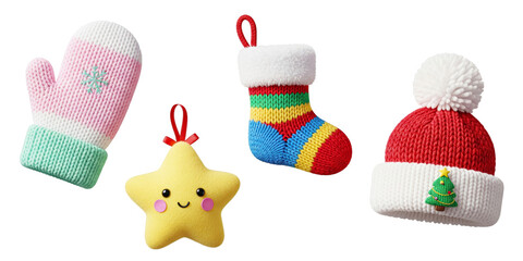 Set of cute knitted Christmas items and winter accessories isolated on white background