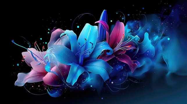 A cluster of luminous lilies in shades of blue and pink, set against a dark background with swirling smoke and sparkling lights.